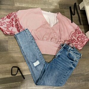 Pink and Red Puff Sleeve Top with Blue Jeans